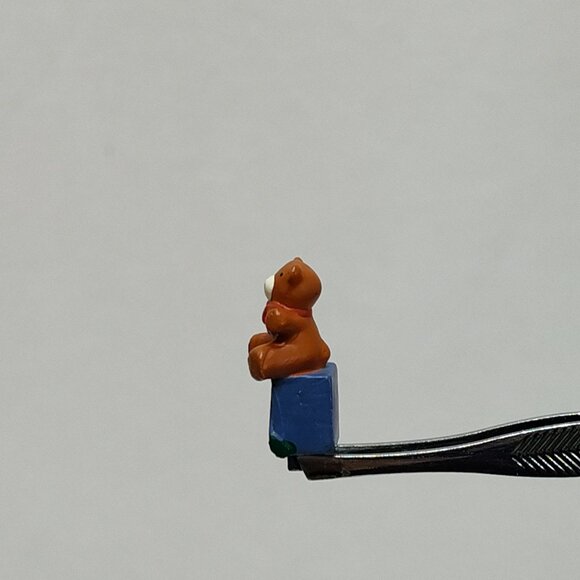 Miniature Brown Teddy Bear On Blue Present Box Decorative Tab Figurine Vintage - Picture 2 of 8